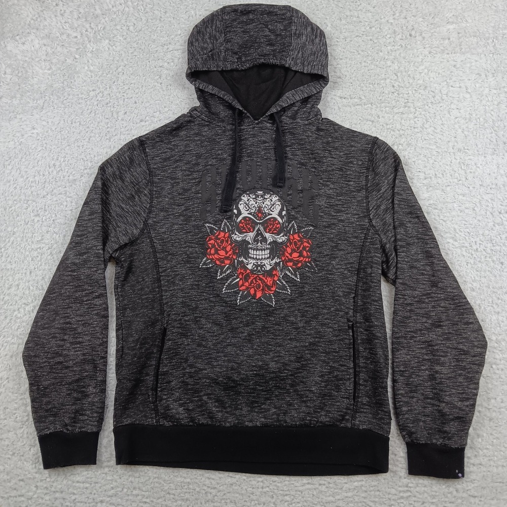 Ring of Fire Hoodie M Charcoal Space Dye Sugar Skull Rose Graphic RN128172